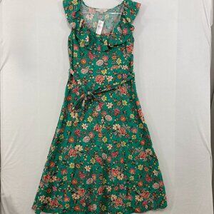New LOFT size 6 Green Colorful Floral Feminine Belted Romantic Midi Dress